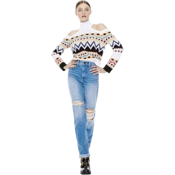 Alice + Olivia Leora Fairisle Turtleneck Wool Sweater Cold Shoulder Long Sleeve - Picture 2 of 7